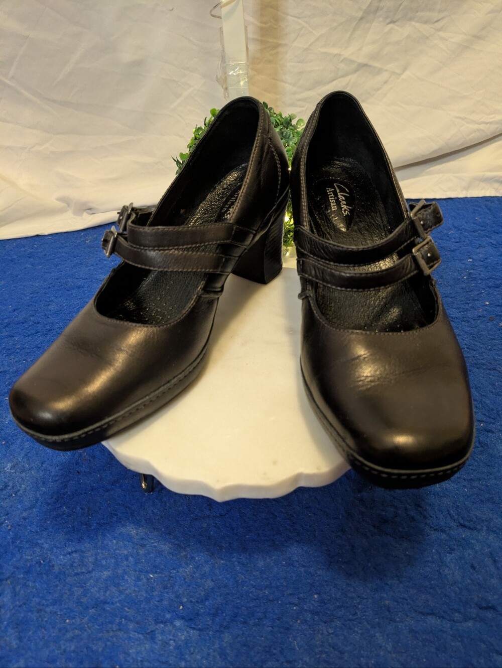 Clarks Artisan Passion Black Leather Double Strap Mary Jane Pumps Heels Size 9.5